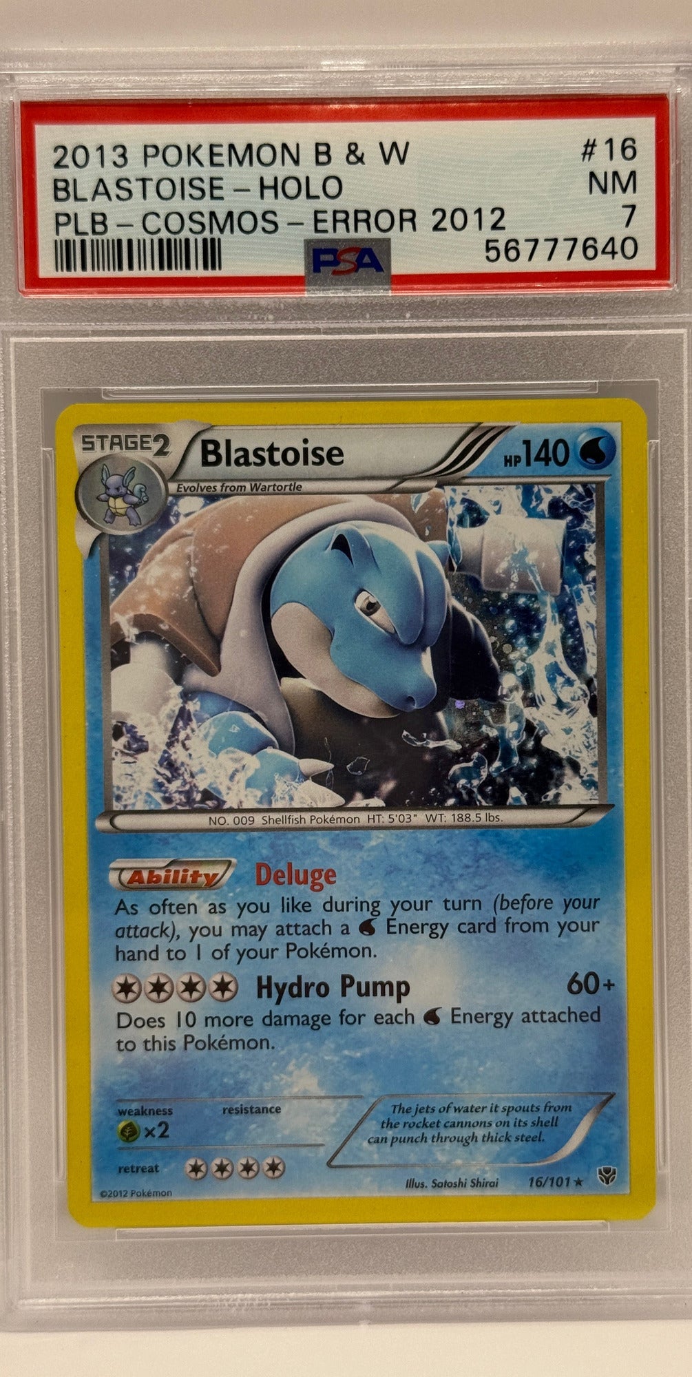 2013 Pokémon Plasma Blast Cosmos Blastoise Holo Error 2012 16/101 PSA 7 NEAR MINT