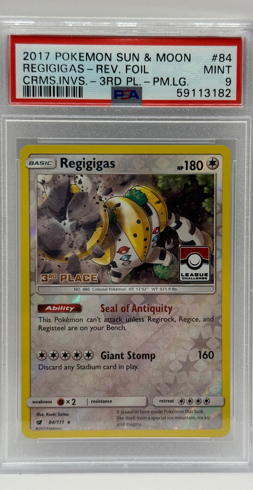 2017 Pokémon League Crimson Invasion Regigigas 3rd Place Reverse Holo 84/111 PSA 9 MINT