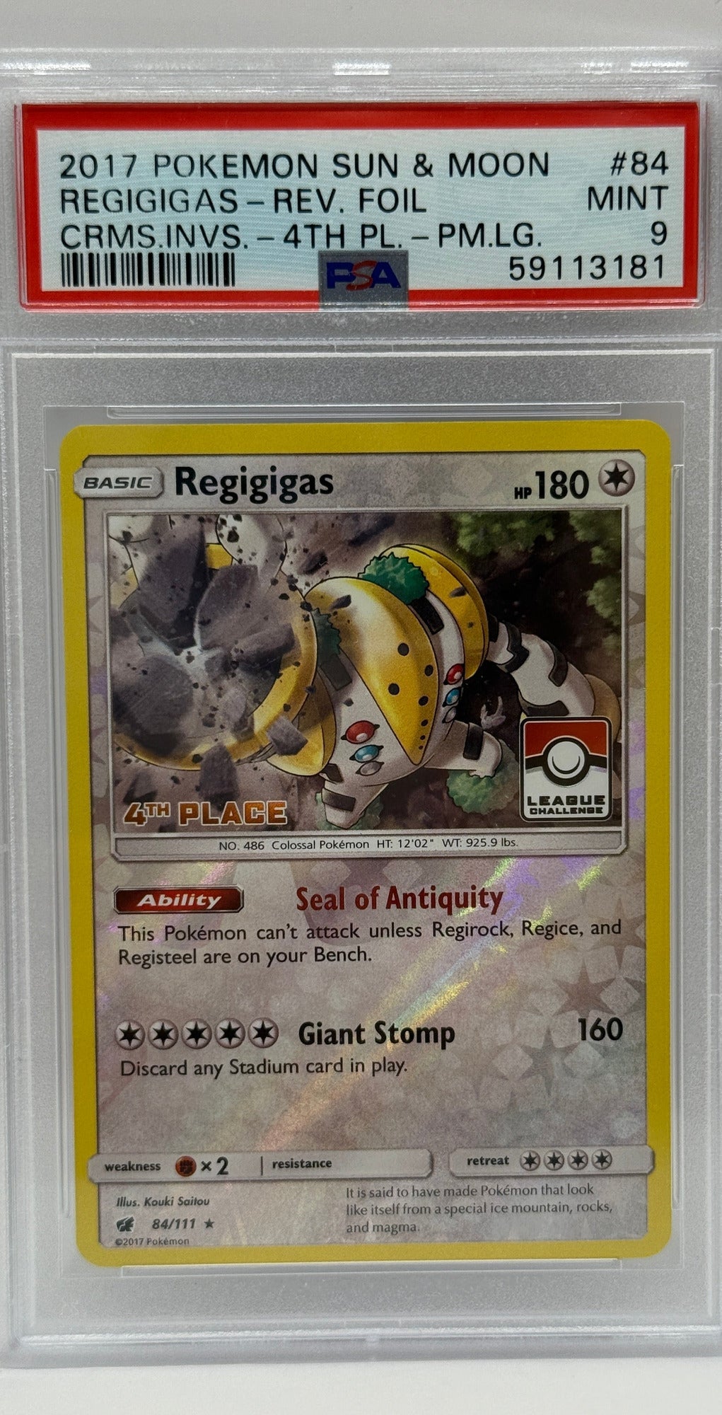 2017 Pokémon League Crimson Invasion Regigigas 4th Place Reverse Holo 84/111 PSA 9 MINT