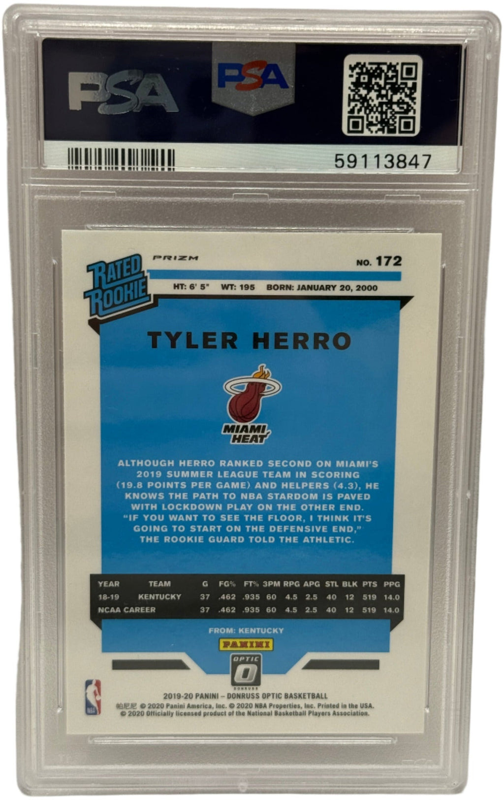 2019 Panini Donruss Optic Tyler Herro Hyper Pink Rookie Card #172 PSA 10 GEM MINT
