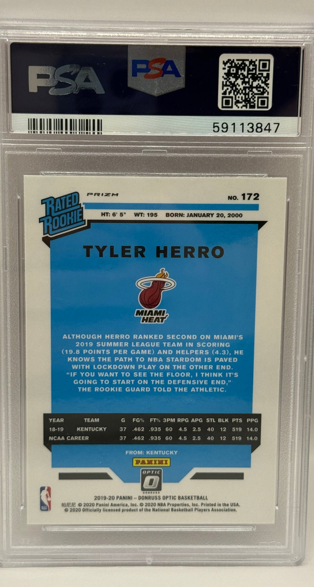 2019 Panini Donruss Optic Tyler Herro Hyper Pink Rookie Card #172 PSA 10 GEM MINT