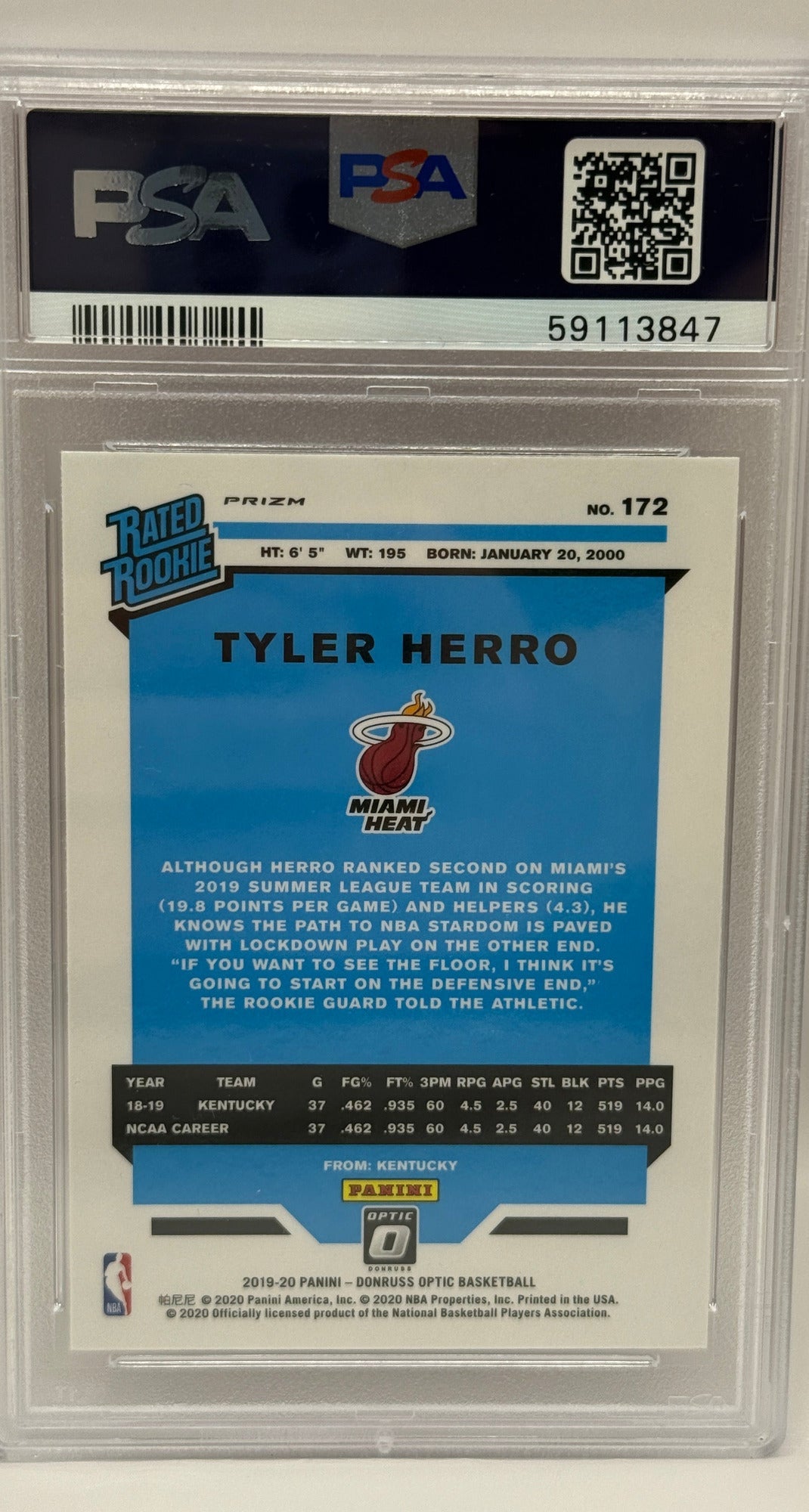 2019 Panini Donruss Optic Tyler Herro Hyper Pink Rookie Card #172 PSA 10 GEM MINT