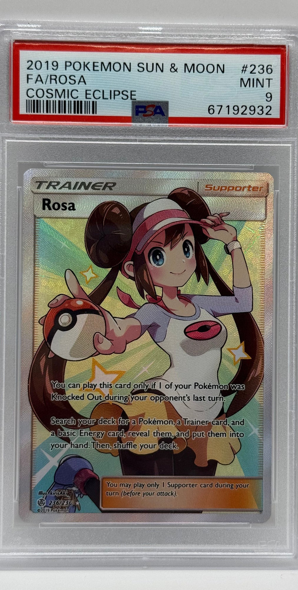 2019 Pokémon Cosmic Eclipse Rosa Full Art 236/236 PSA 9 MINT (Sun & Moon)