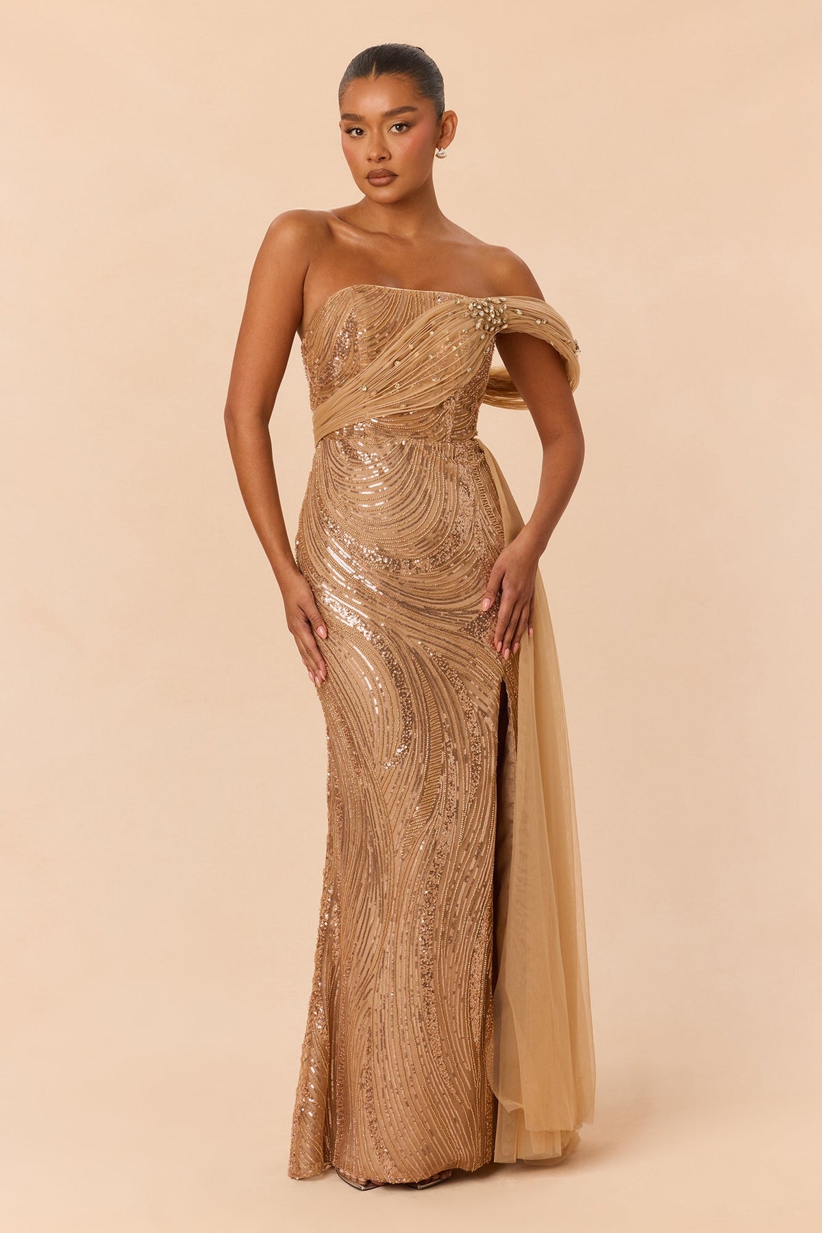 Runway Ready Embellished Gown - Champagne