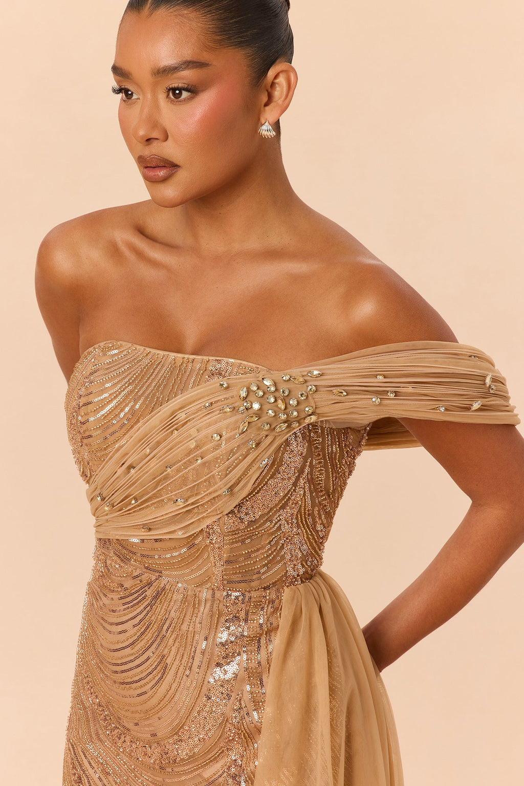 Runway Ready Embellished Gown - Champagne