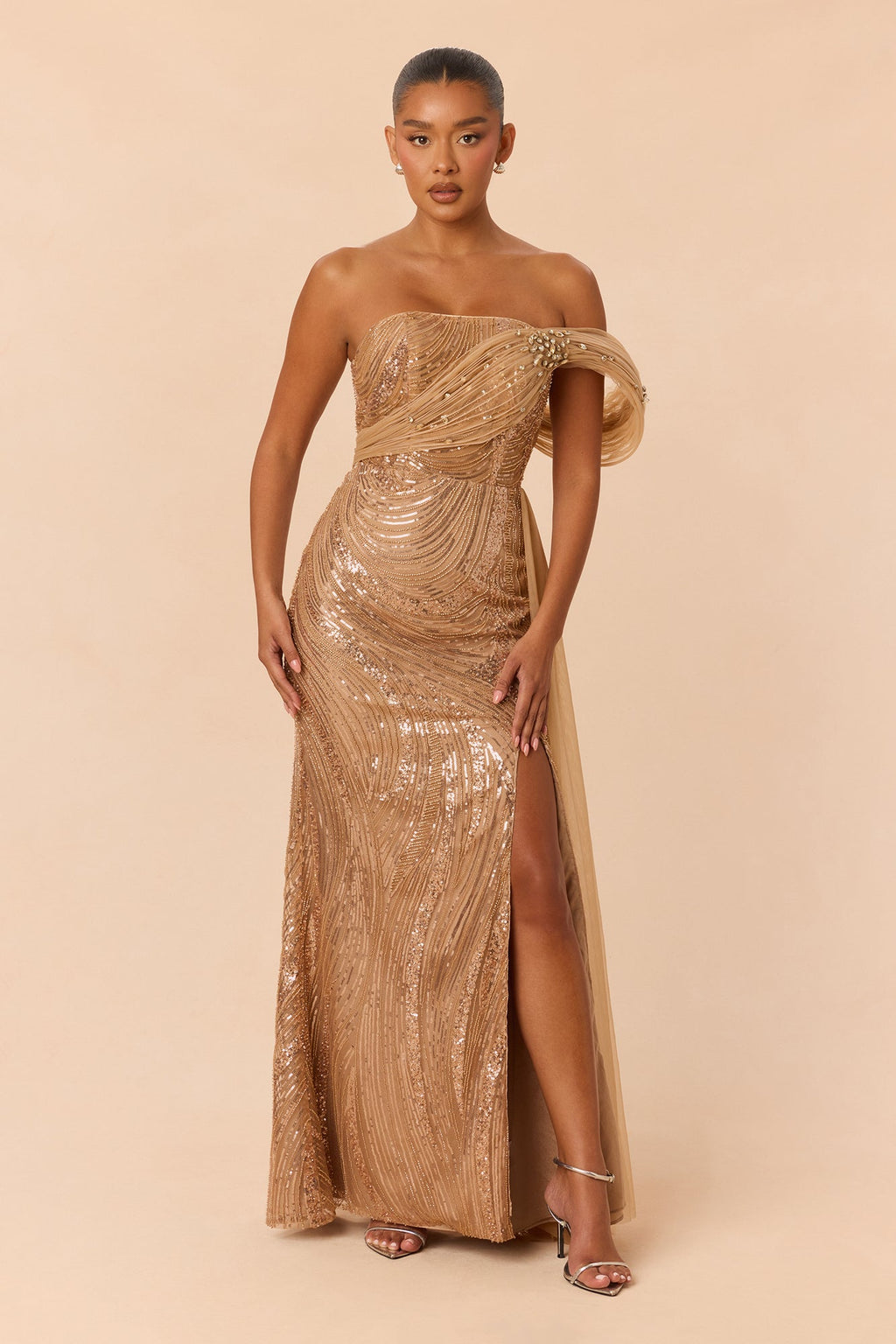 Runway Ready Embellished Gown - Champagne