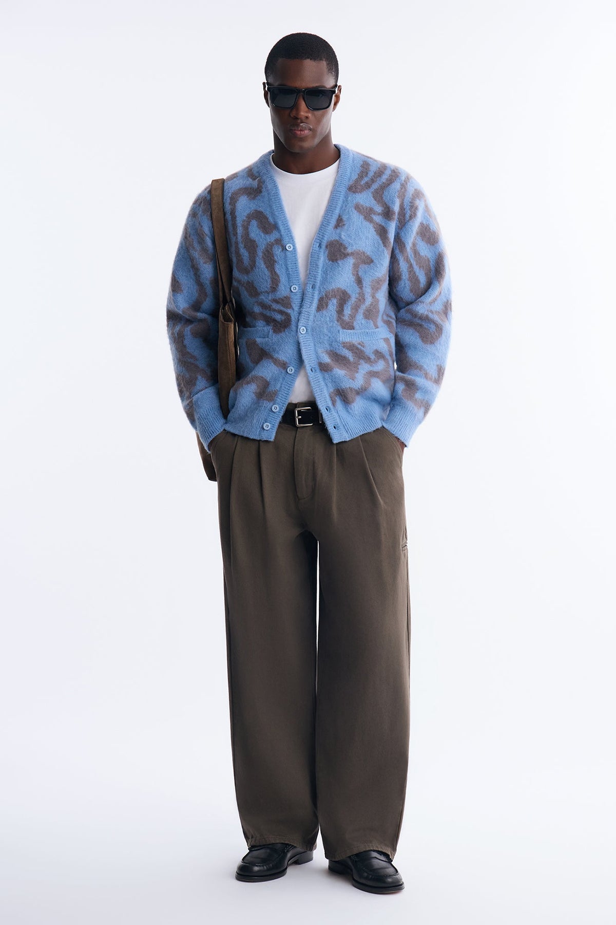 Brushed Swirl Jacquard Cardigan Sweater - Blue