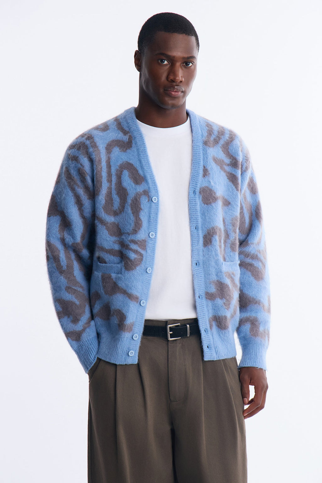 Brushed Swirl Jacquard Cardigan Sweater - Blue