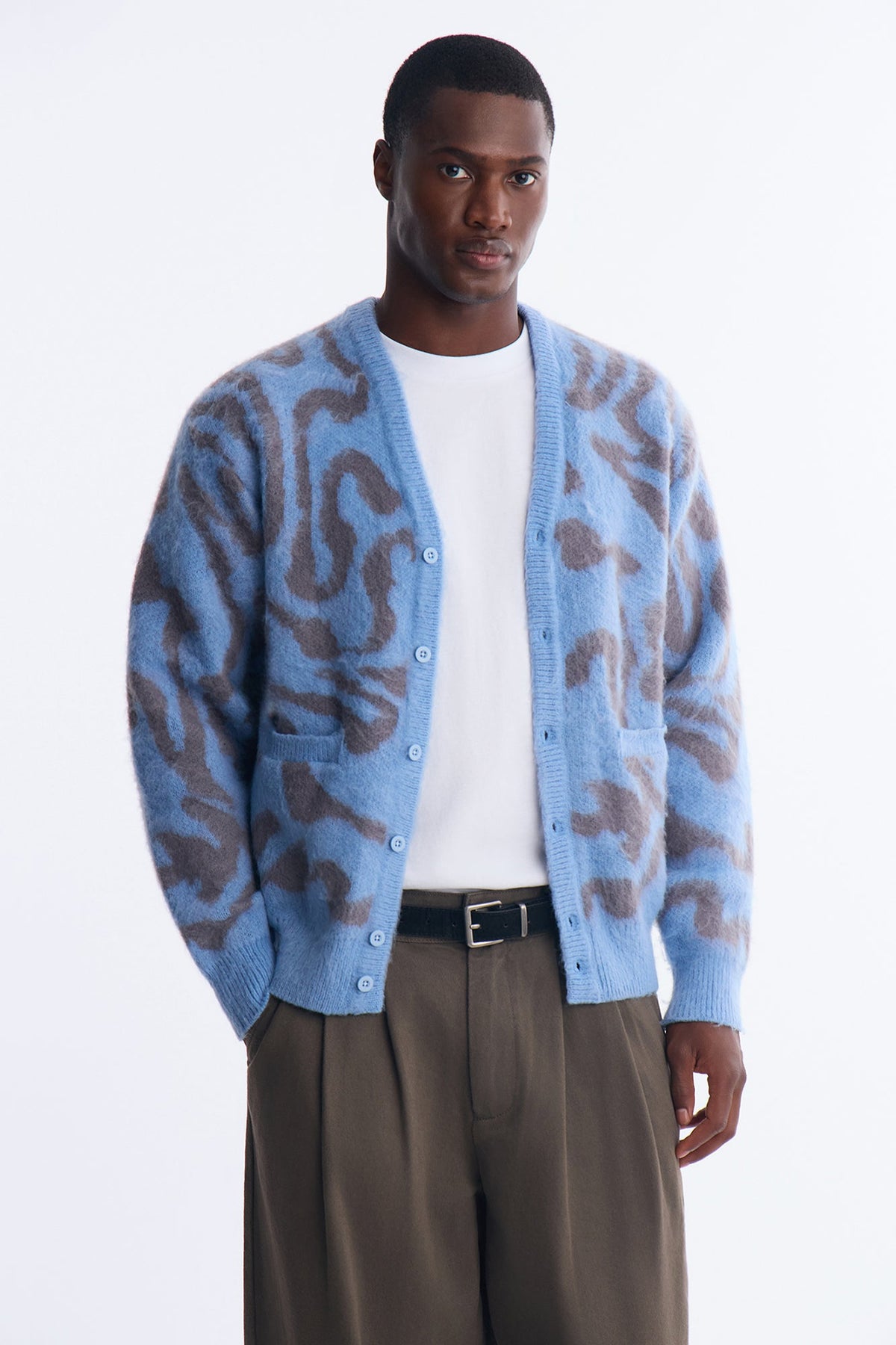Brushed Swirl Jacquard Cardigan Sweater - Blue