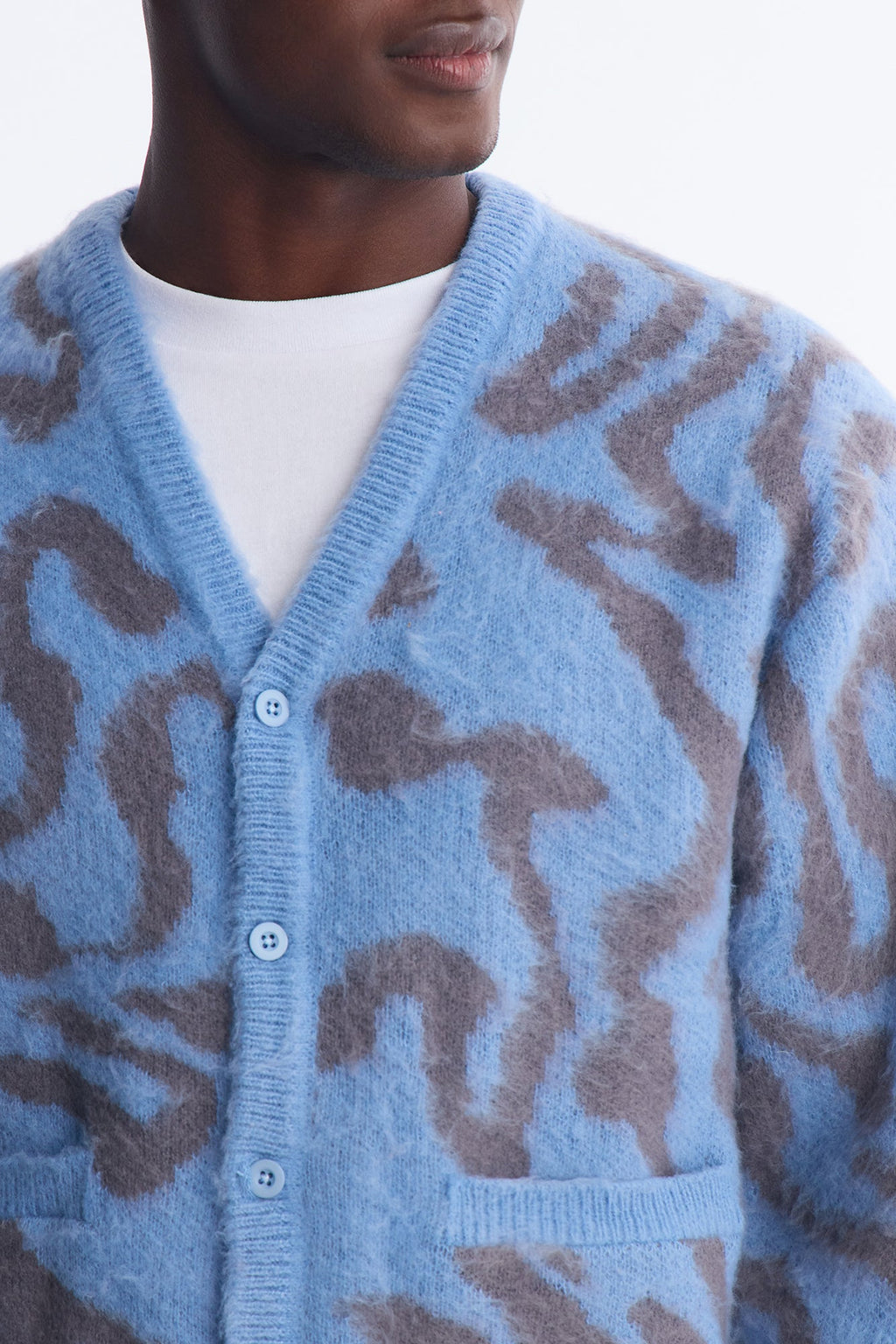 Brushed Swirl Jacquard Cardigan Sweater - Blue