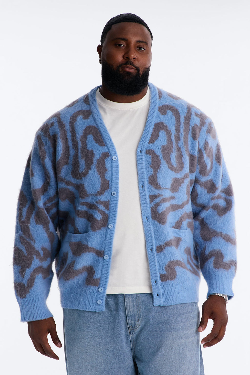 Brushed Swirl Jacquard Cardigan Sweater - Blue