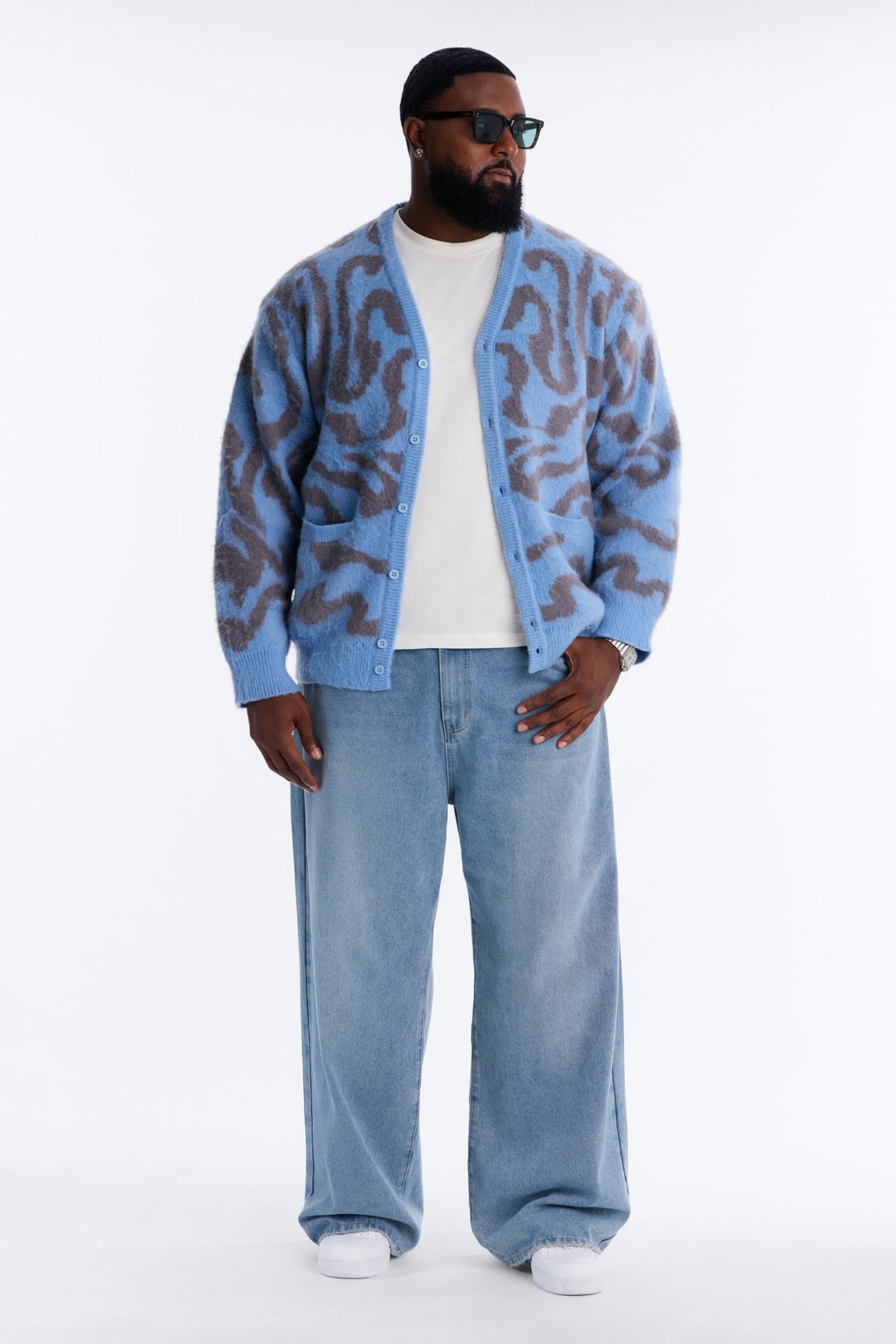 Brushed Swirl Jacquard Cardigan Sweater - Blue