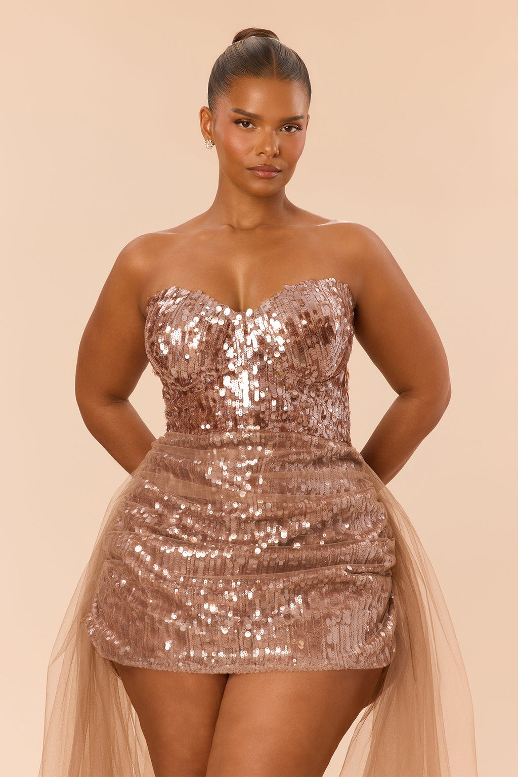 Worth A Million Tulle Sequin Mini Dress - Mocha