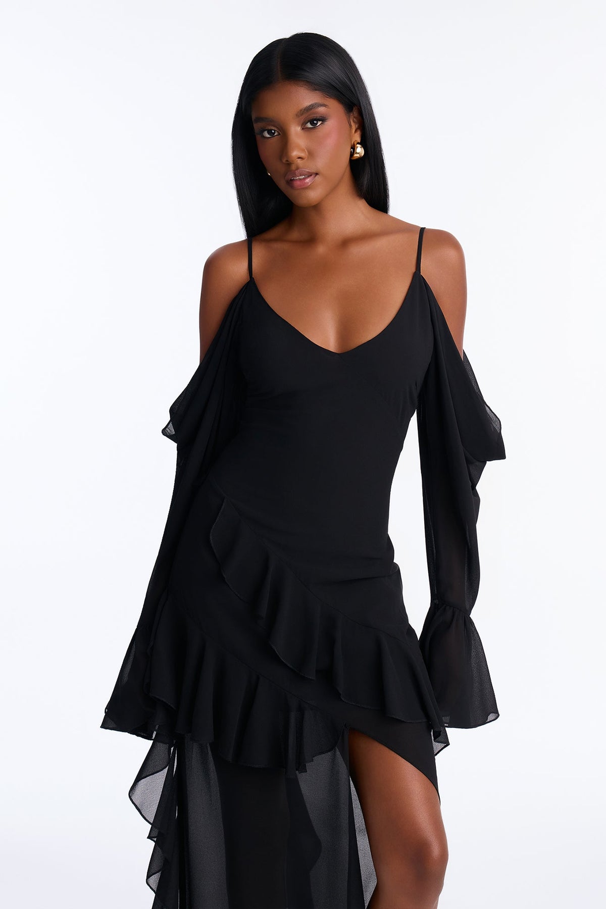 Catwalk Chiffon Ruffle Maxi Dress - Black