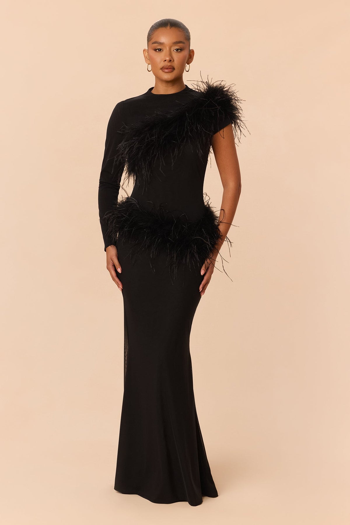 Own The Room Feather Trim Mesh Maxi Dress - Black