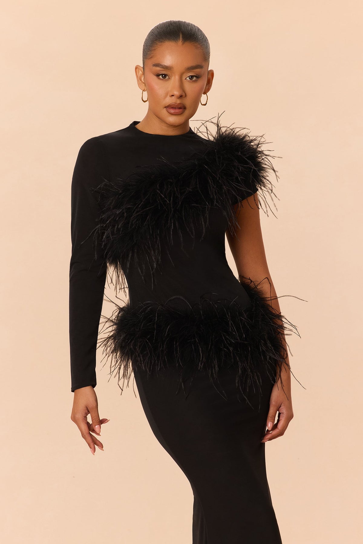 Own The Room Feather Trim Mesh Maxi Dress - Black
