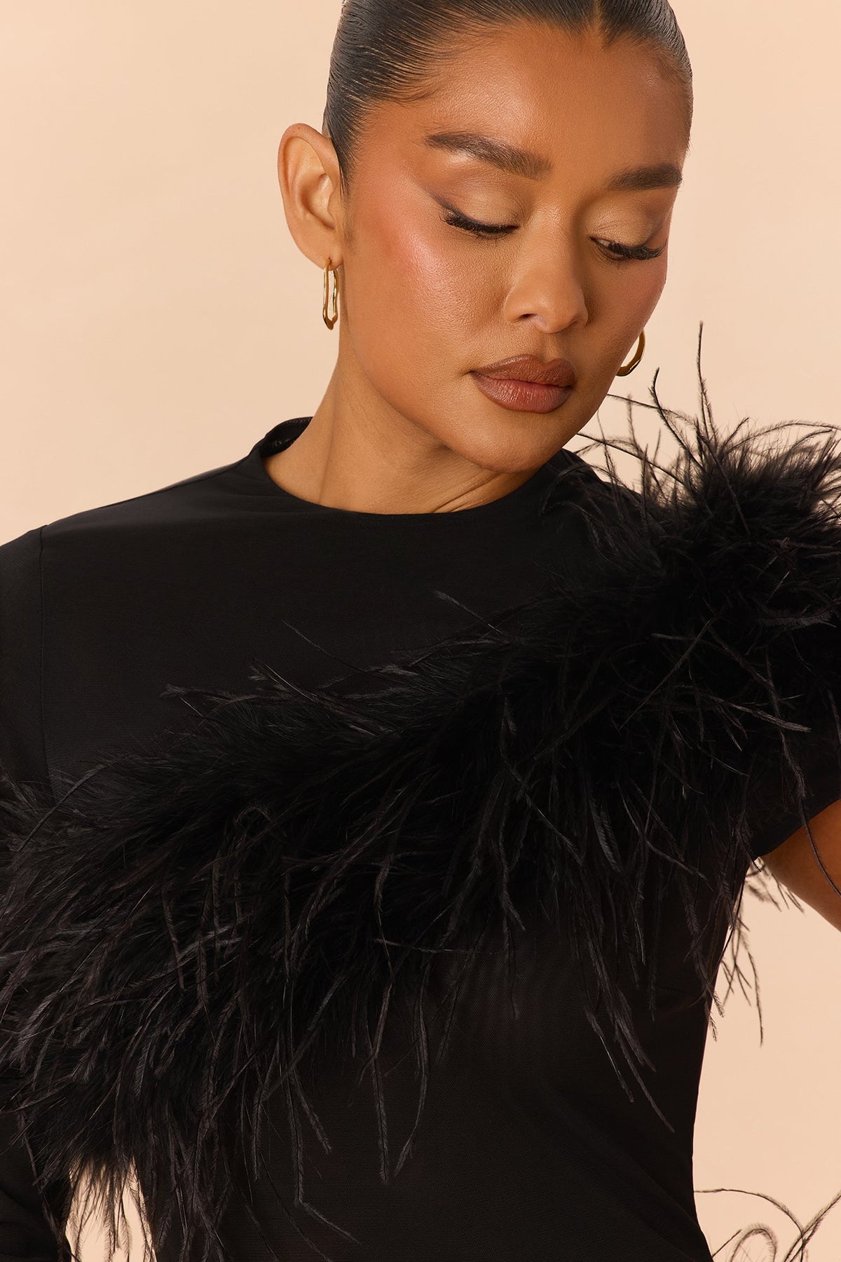 Own The Room Feather Trim Mesh Maxi Dress - Black