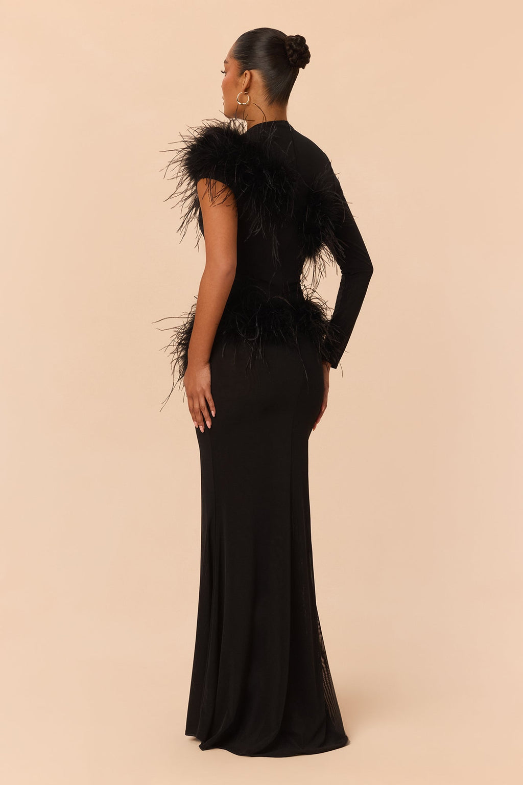 Own The Room Feather Trim Mesh Maxi Dress - Black