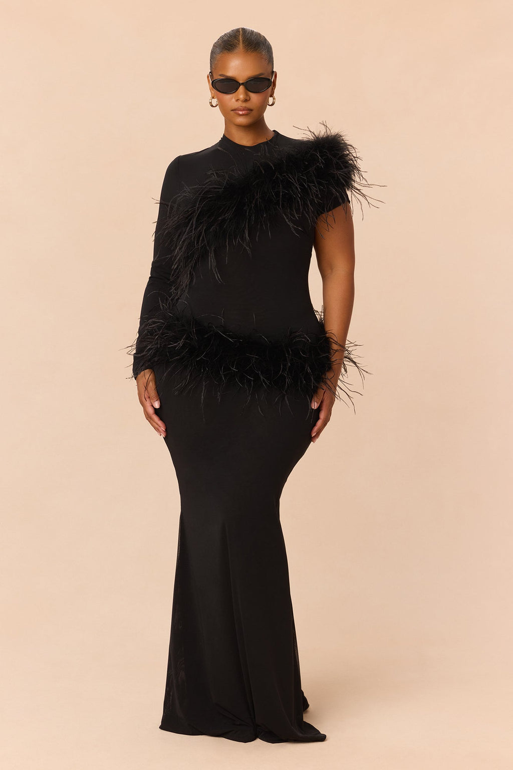 Own The Room Feather Trim Mesh Maxi Dress - Black