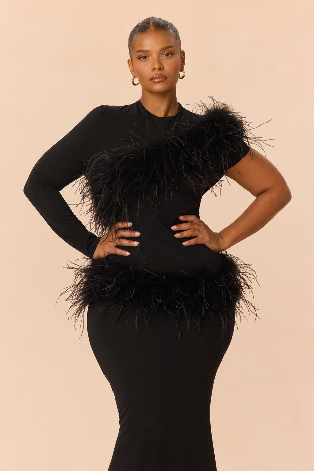 Own The Room Feather Trim Mesh Maxi Dress - Black