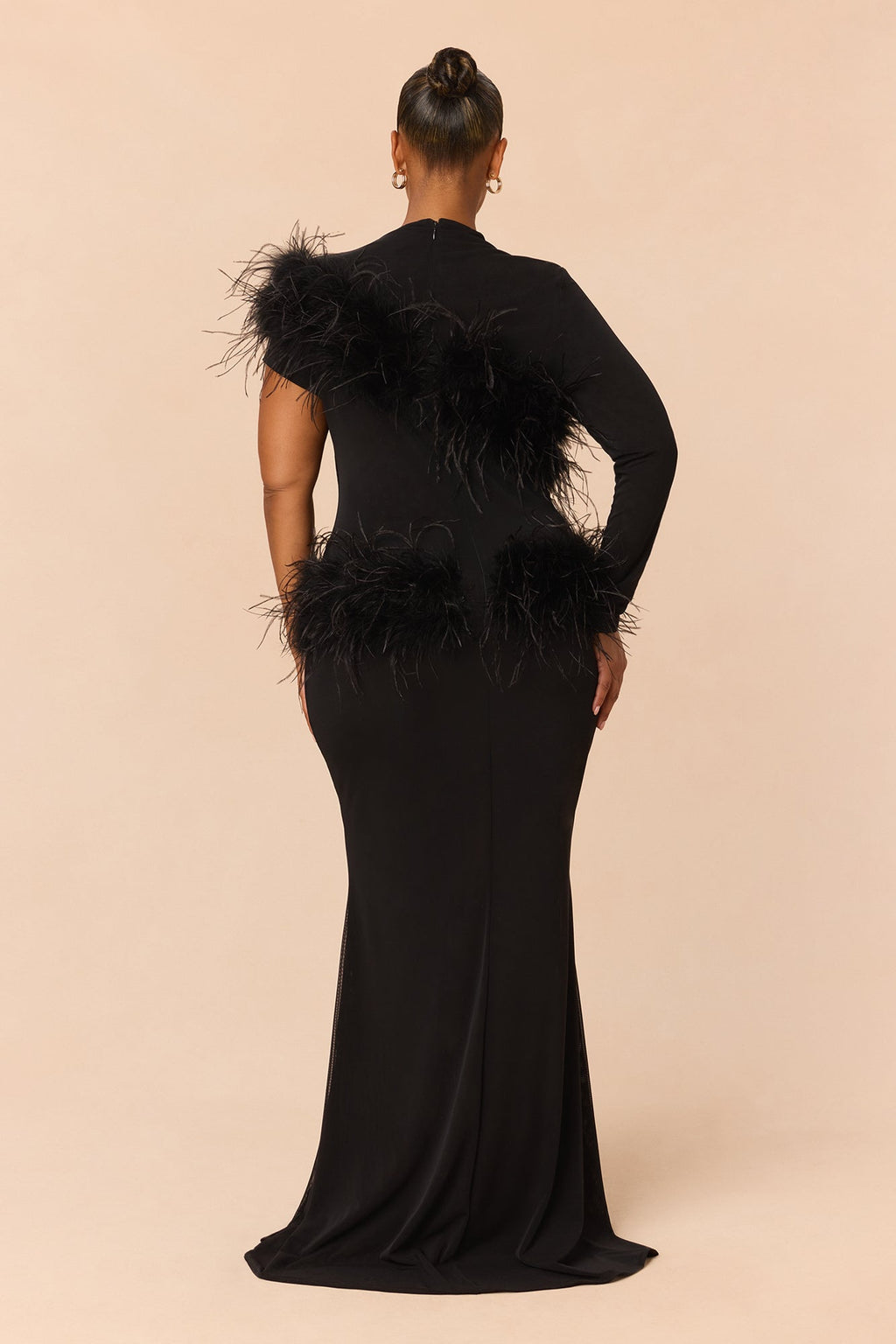 Own The Room Feather Trim Mesh Maxi Dress - Black