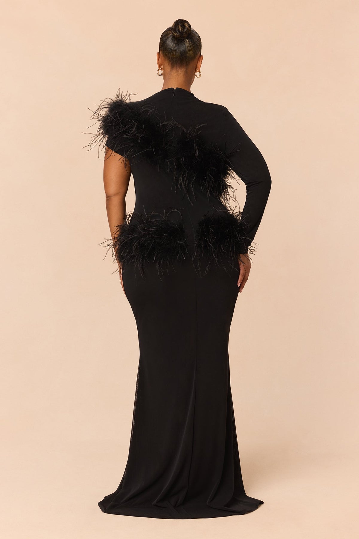 Own The Room Feather Trim Mesh Maxi Dress - Black