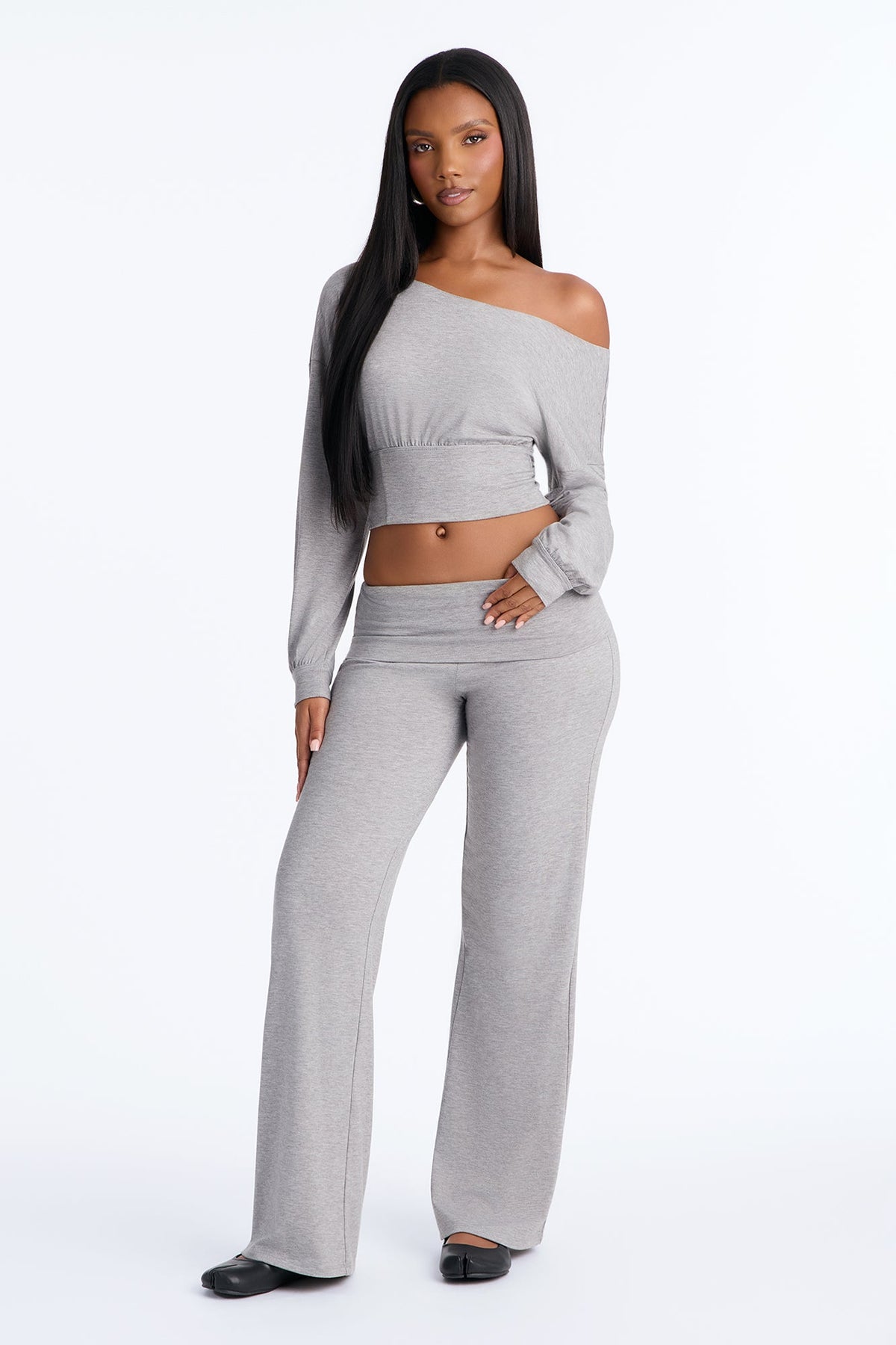 Miley Off Shoulder Pant Set - Heather Grey