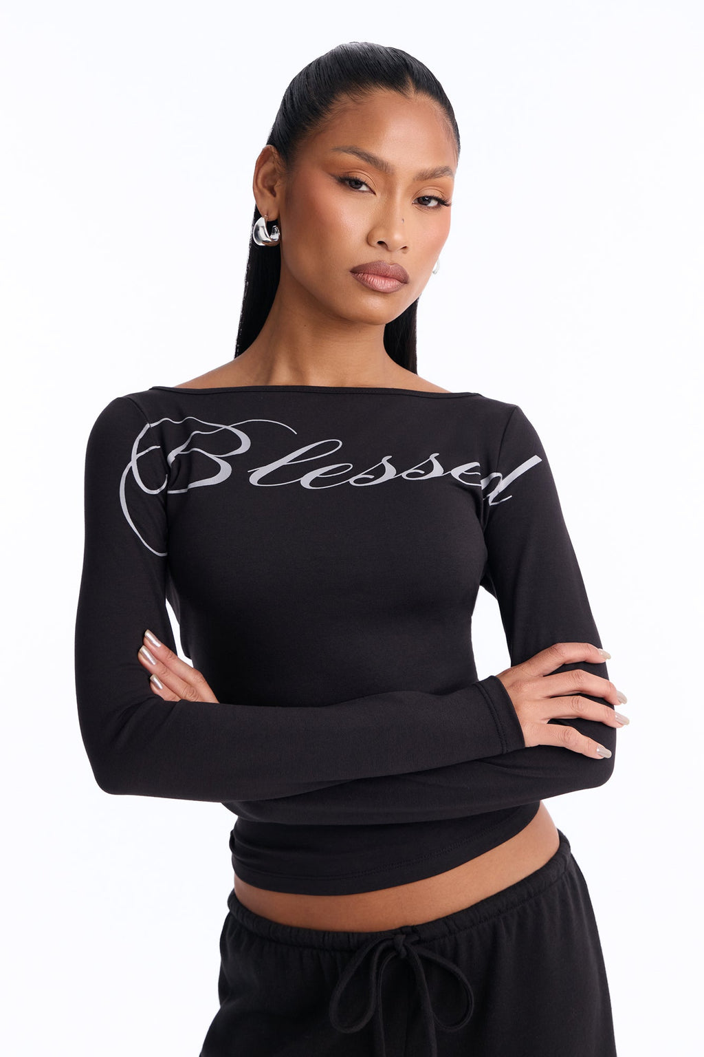 Blessed Not Stressed Boat Neck Top - Black