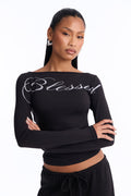 Blessed Not Stressed Boat Neck Top - Black
