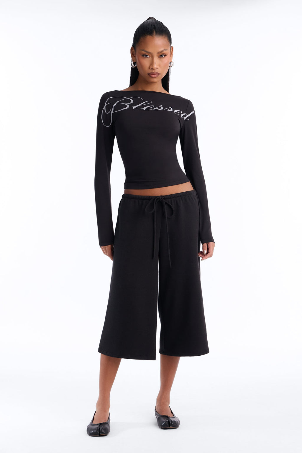 Blessed Not Stressed Boat Neck Top - Black