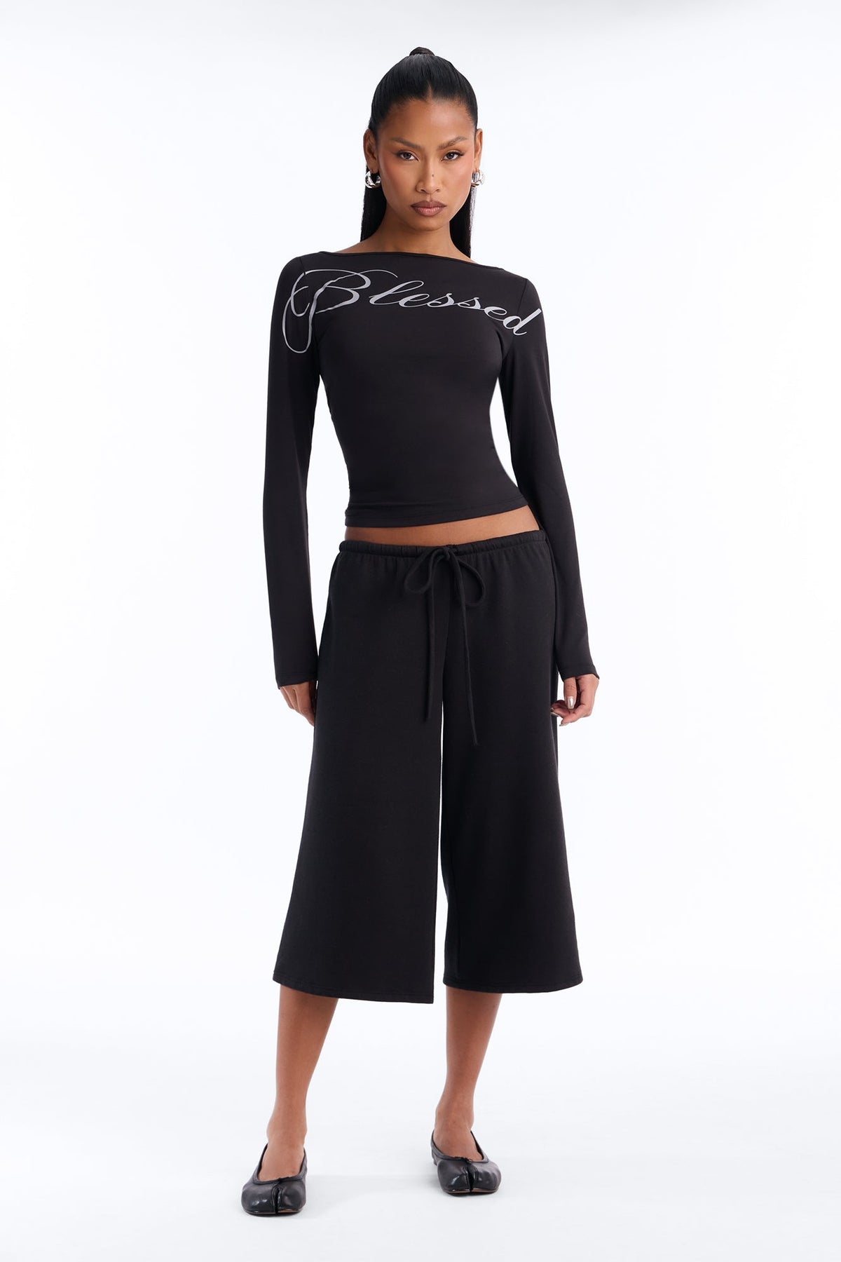 Blessed Not Stressed Boat Neck Top - Black