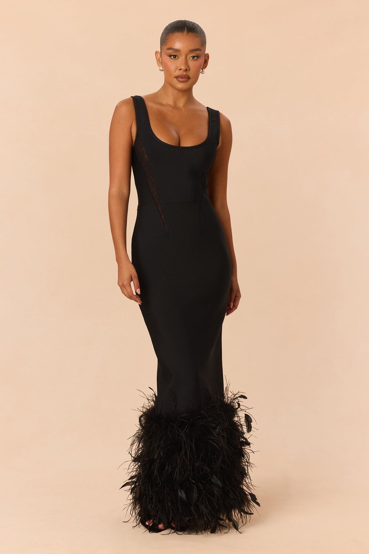 Trinity Feathered Bandage Maxi Dress - Black