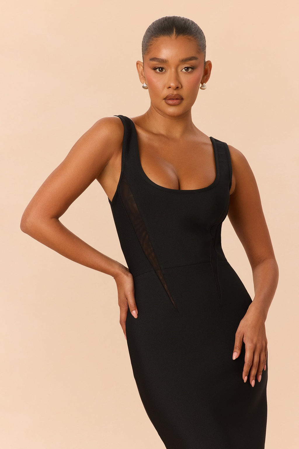 Trinity Feathered Bandage Maxi Dress - Black