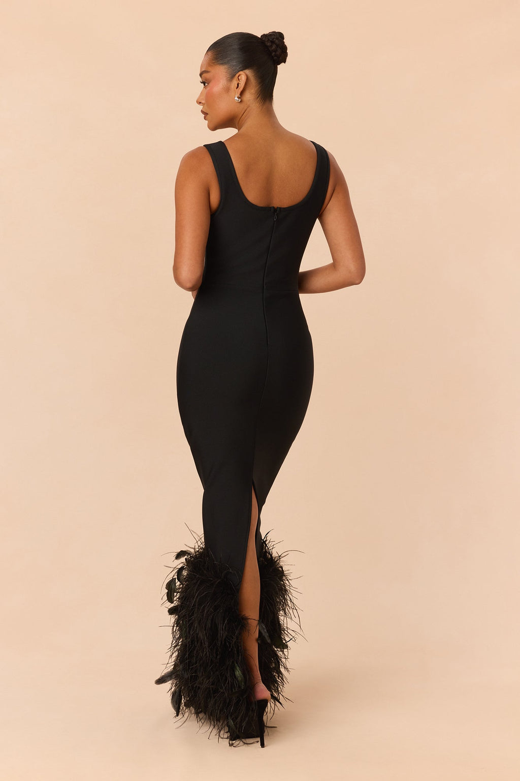 Trinity Feathered Bandage Maxi Dress - Black