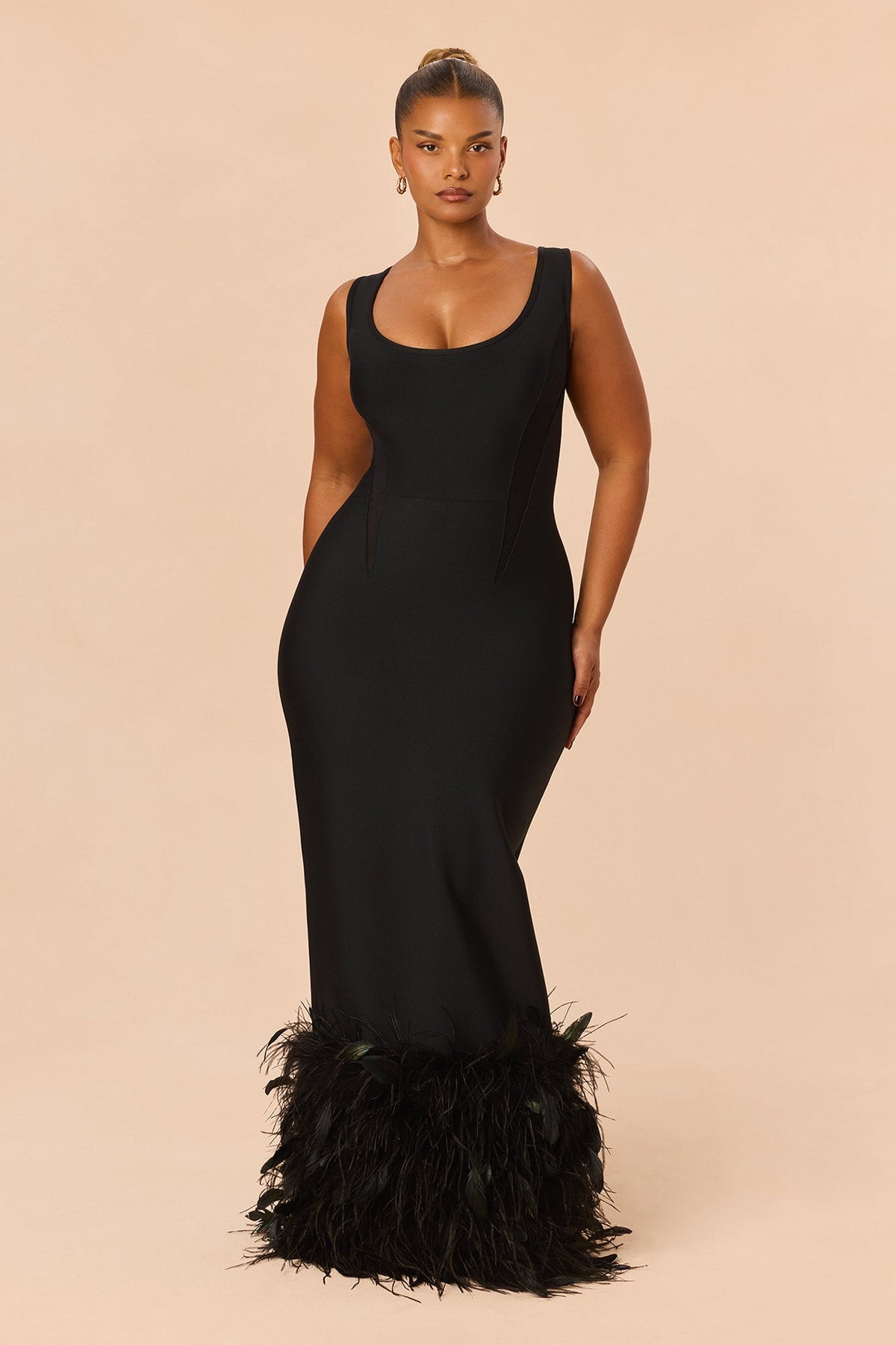Trinity Feathered Bandage Maxi Dress - Black