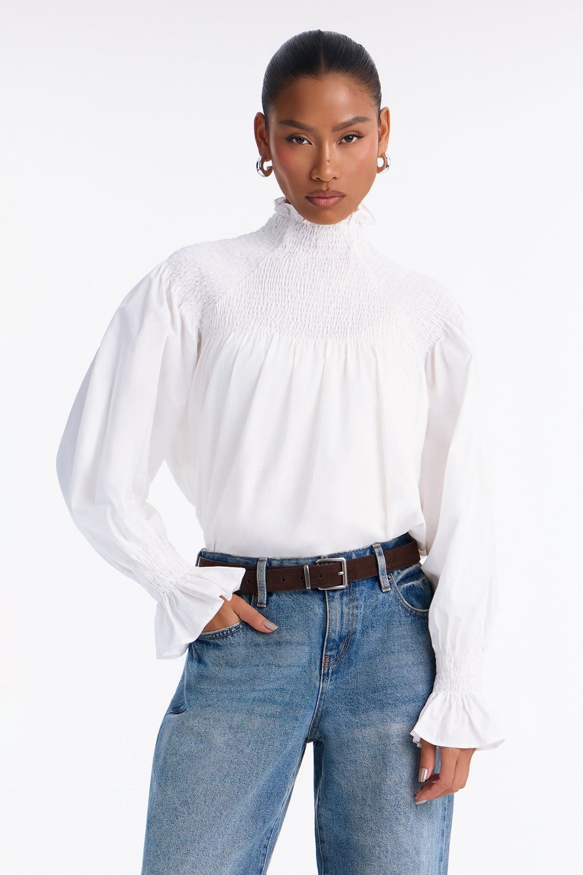 Arcadia Poplin High Neck Blouse - White