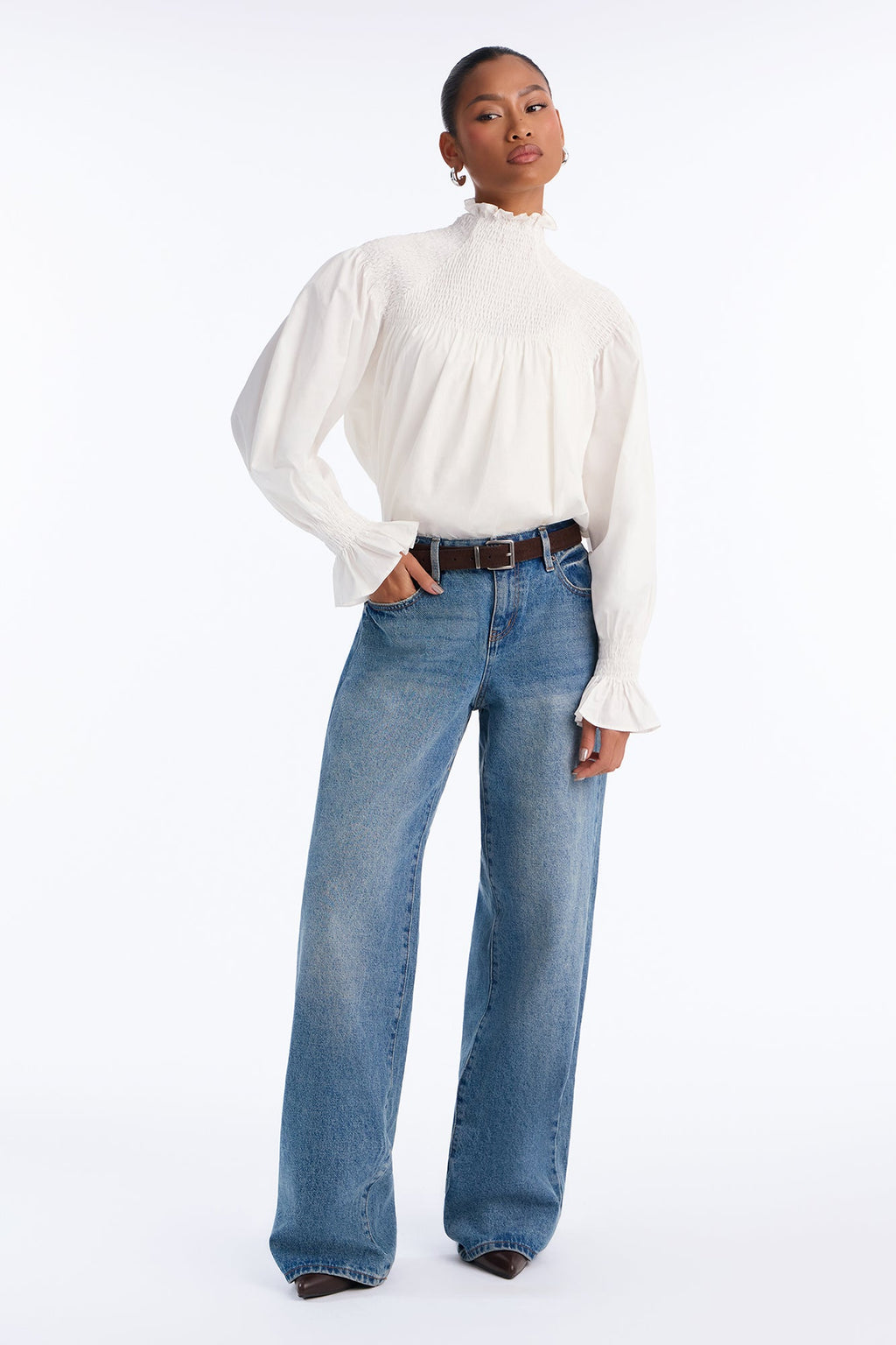 Arcadia Poplin High Neck Blouse - White