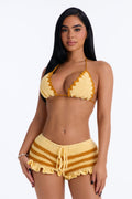 Pauly Crochet Stripe 2 Piece Triangle & Ruffle Boyshort Bikini Set - Yellow/combo