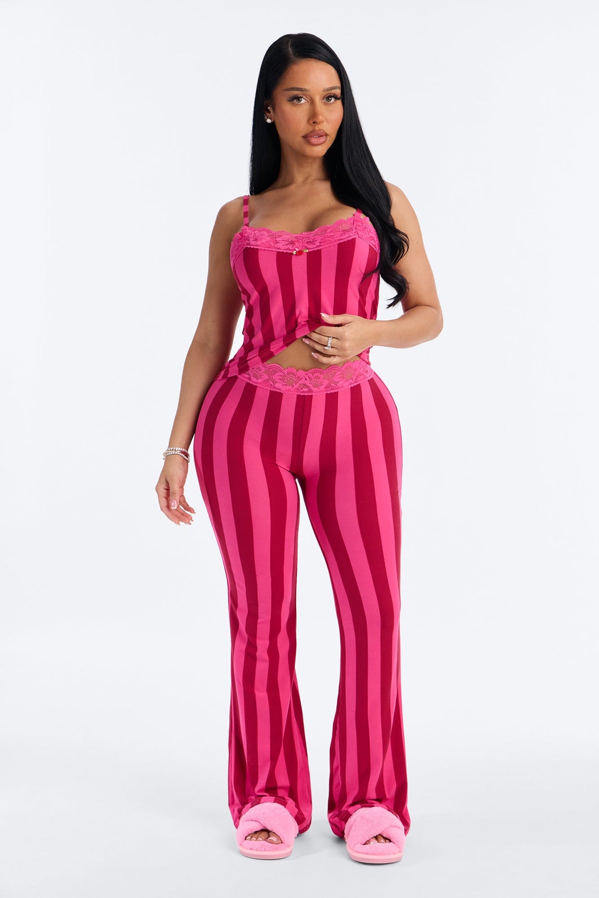 Late Night Calls Striped Cami Lace Trim PJ Pant Set - Raspberry