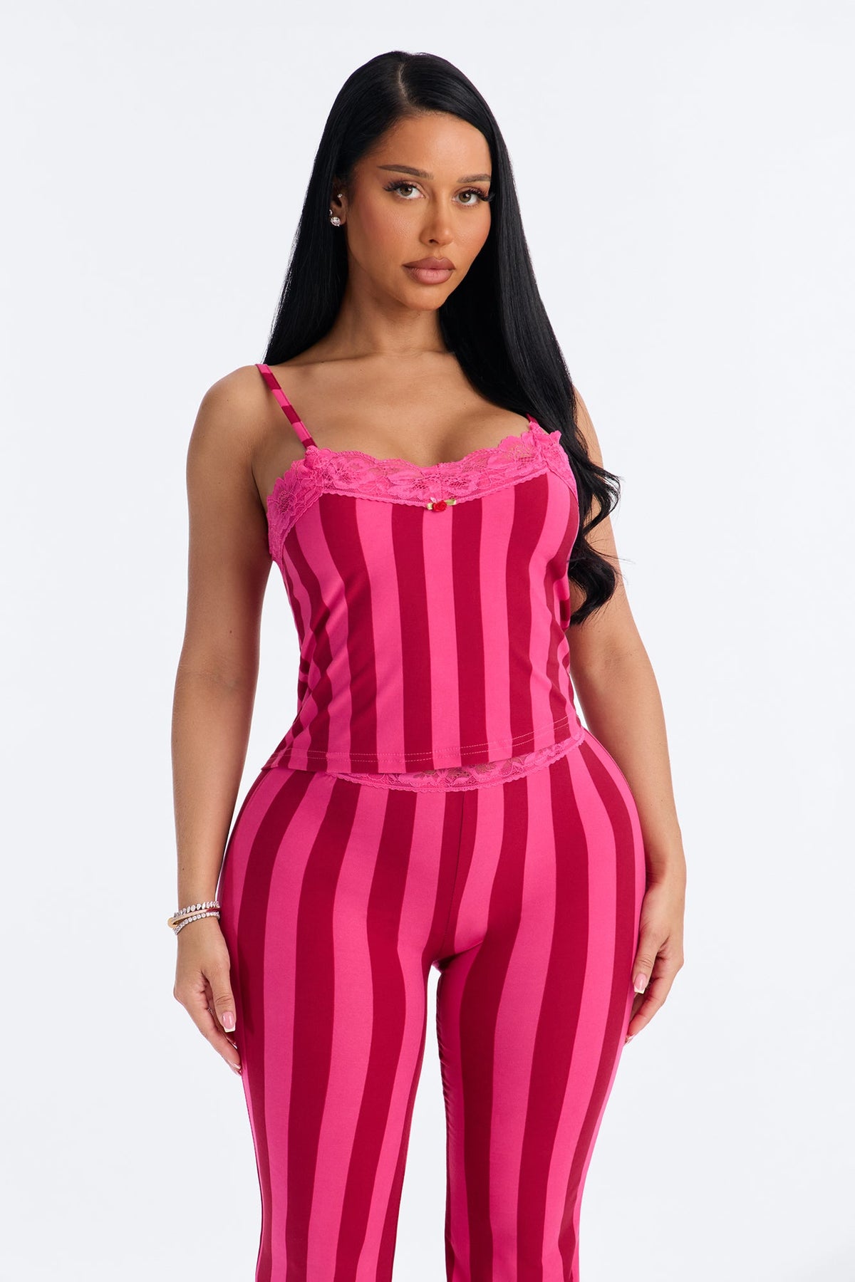 Late Night Calls Striped Cami Lace Trim PJ Pant Set - Raspberry