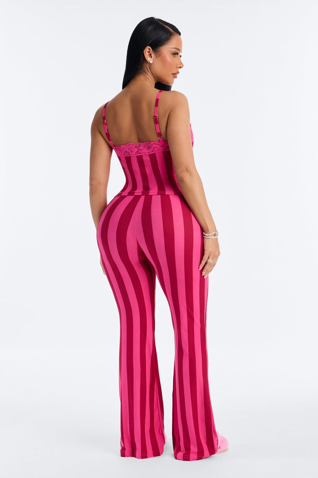 Late Night Calls Striped Cami Lace Trim PJ Pant Set - Raspberry