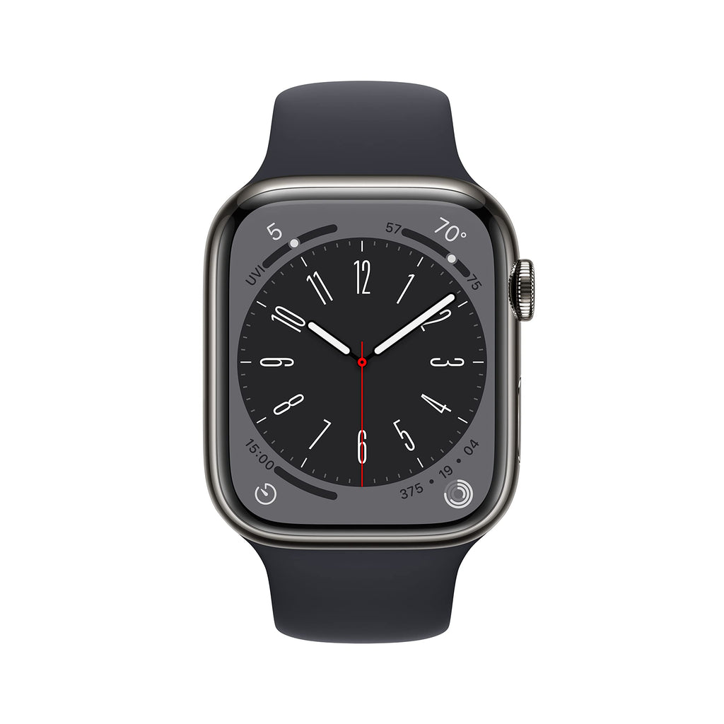 Apple Watch Series 8 GPS + Cell 45mm Graphite Stainless Steel Case w/ Midnight Sport Band - S/M - MNW13LL/A