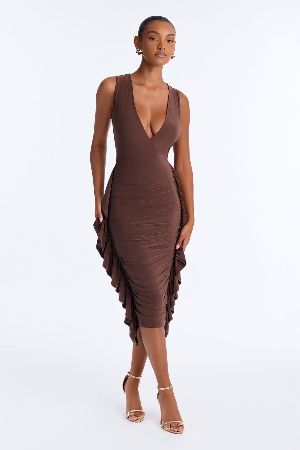 Cassandra Ruffle V Neck Midi Dress - Chocolate