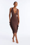 Cassandra Ruffle V Neck Midi Dress - Chocolate