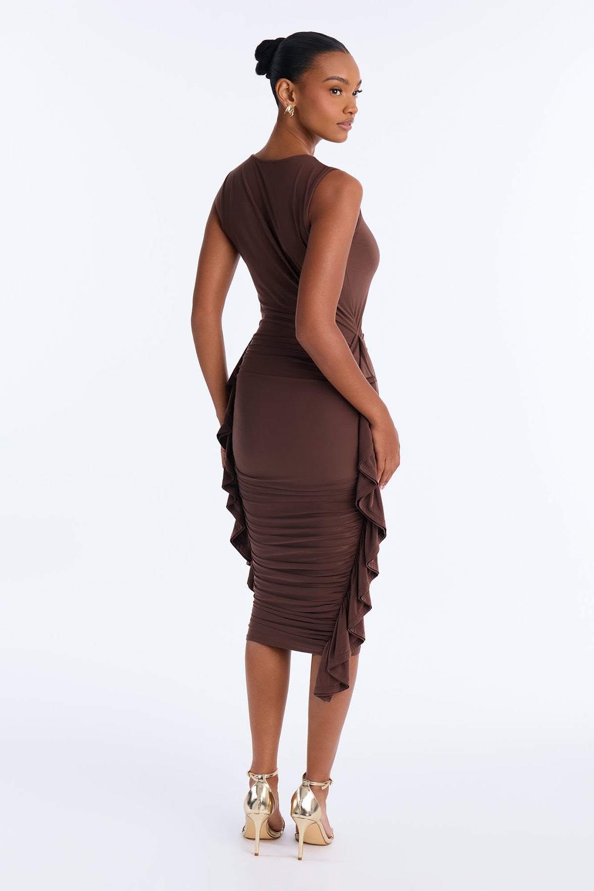 Cassandra Ruffle V Neck Midi Dress - Chocolate