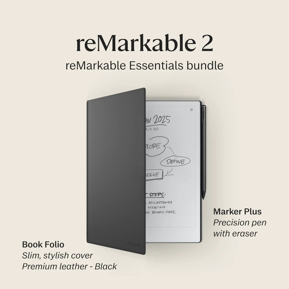 reMarkable 2 - 10.3" Paper Tablet with Marker Plus and Premium Leather Book Folio - Black