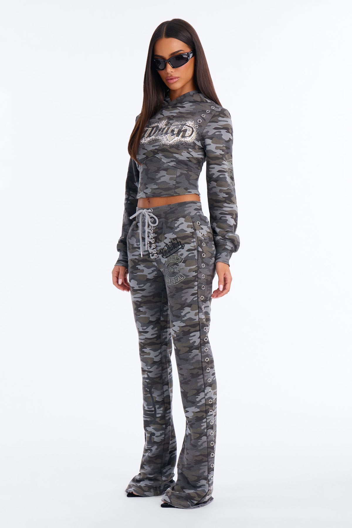 Von Dutch Camo Blur Cropped Hoodie - Charcoal
