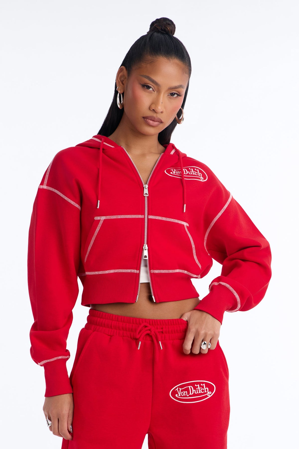 Von Dutch Script Contrast Stitch Zip Hoodie - Red