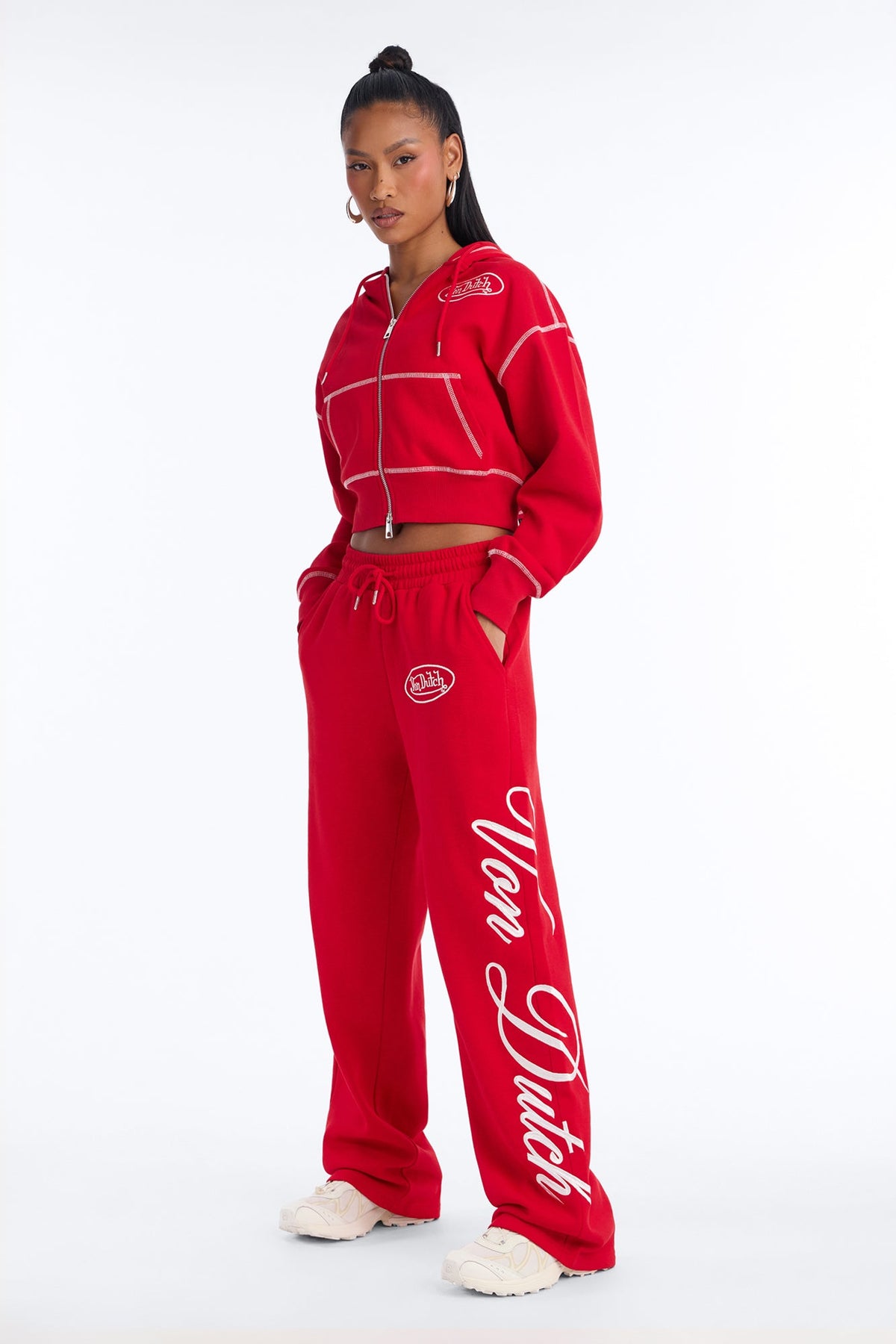 Von Dutch Script Contrast Stitch Zip Hoodie - Red