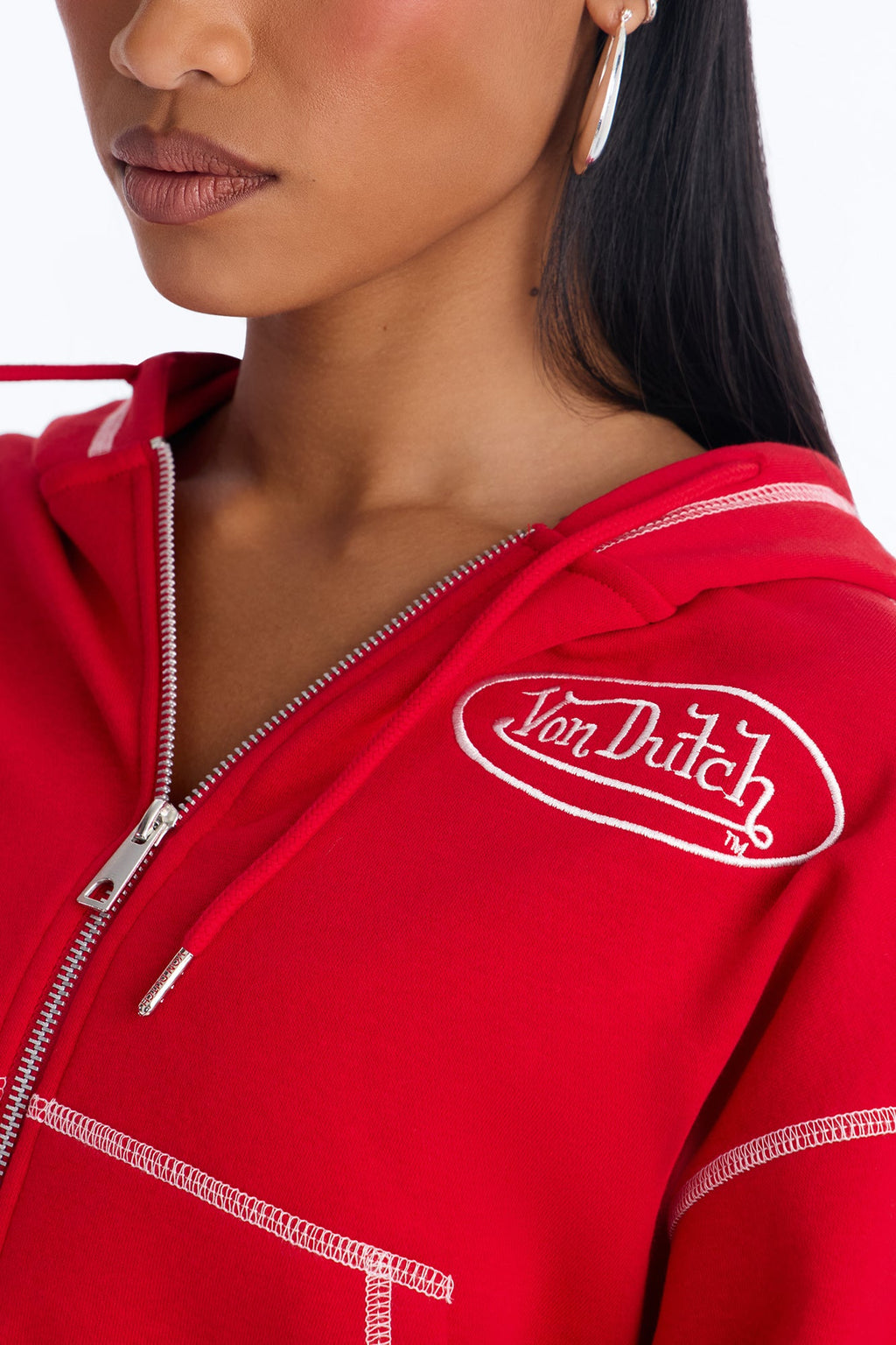 Von Dutch Script Contrast Stitch Zip Hoodie - Red